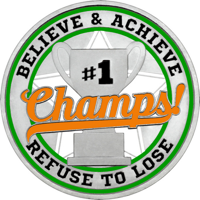 Orange "Champs!" with Green Outer Circular Borders